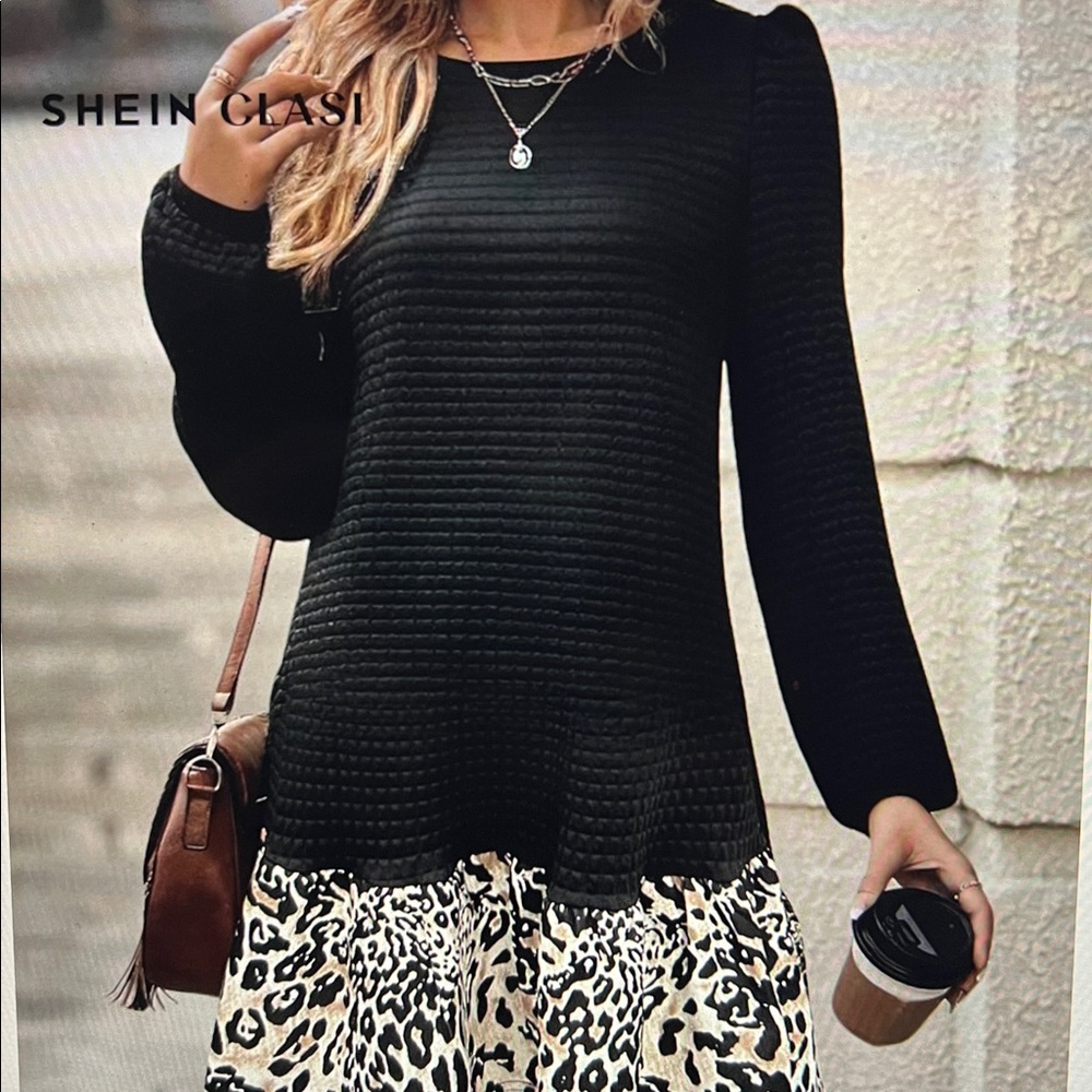 SHEIN Black and Animal Print Long Sleeve Dress